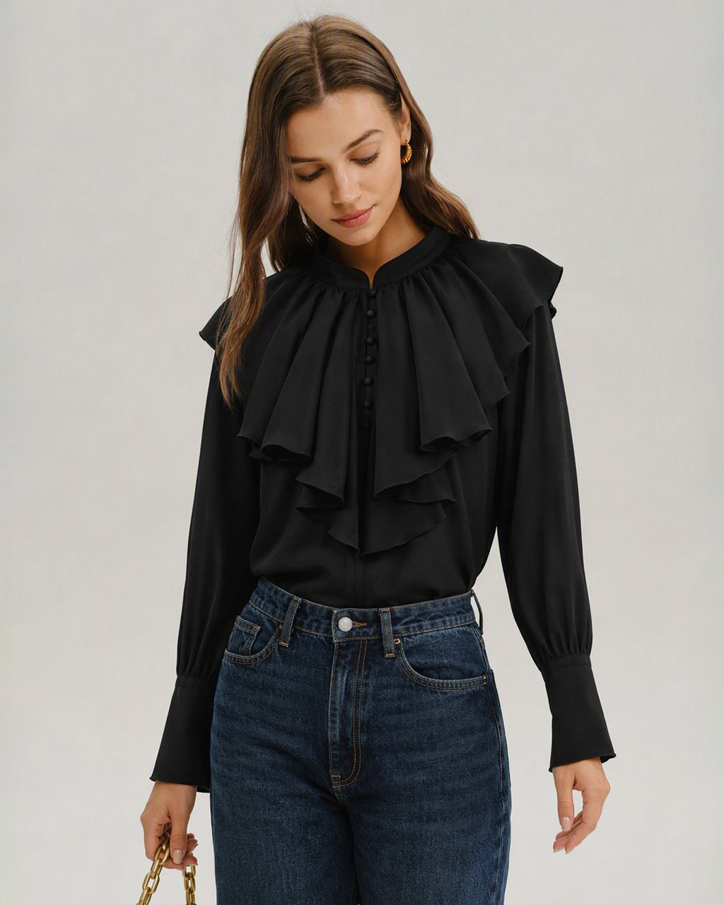 Siyah Mandarin Yaka Volanlı Gömlek