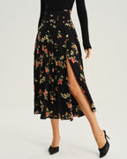 Siyah Çiçekli A-Line Midi Etek